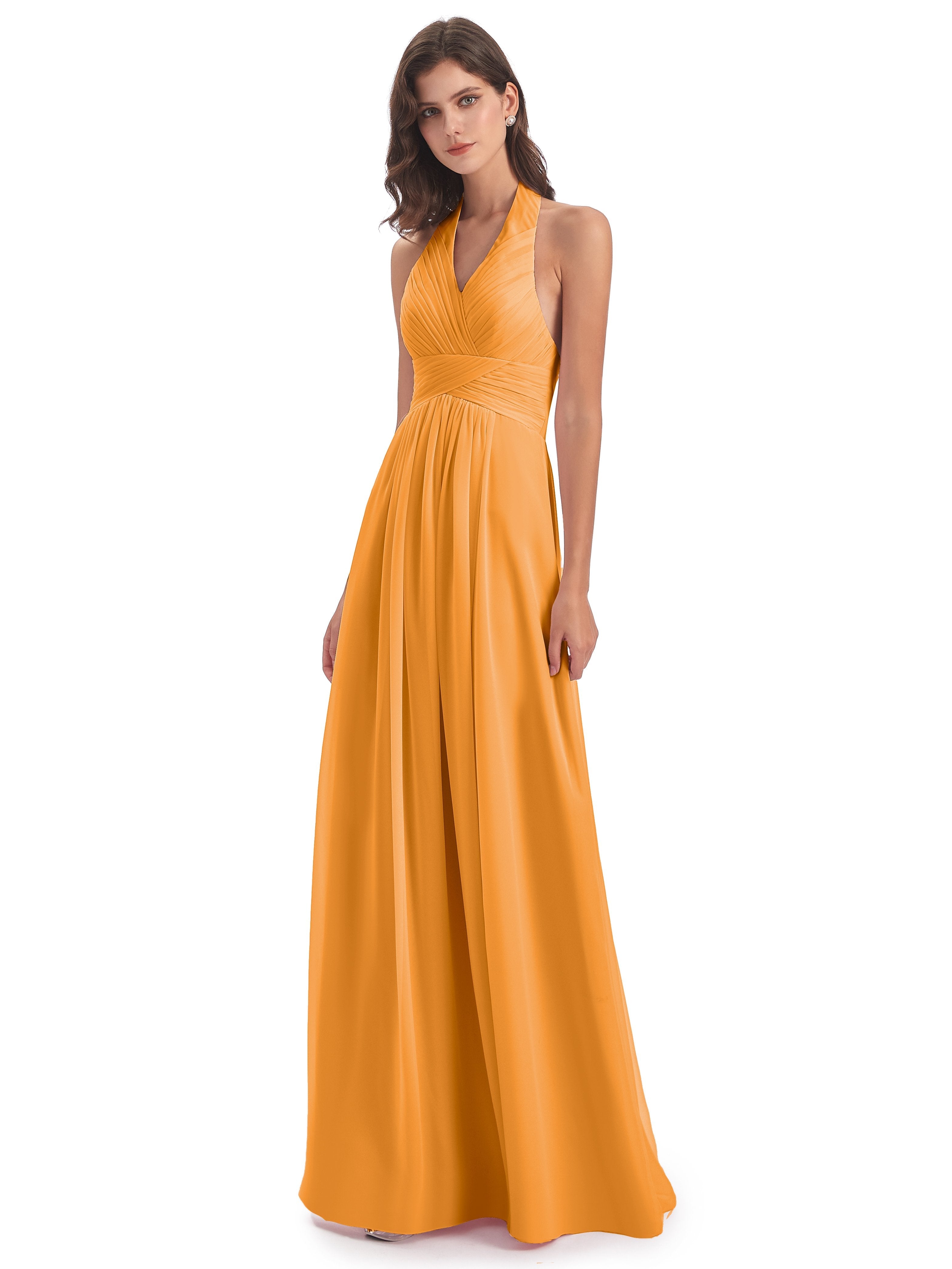 Camila A-line Halter Pleating Long Bridesmaid Dresses