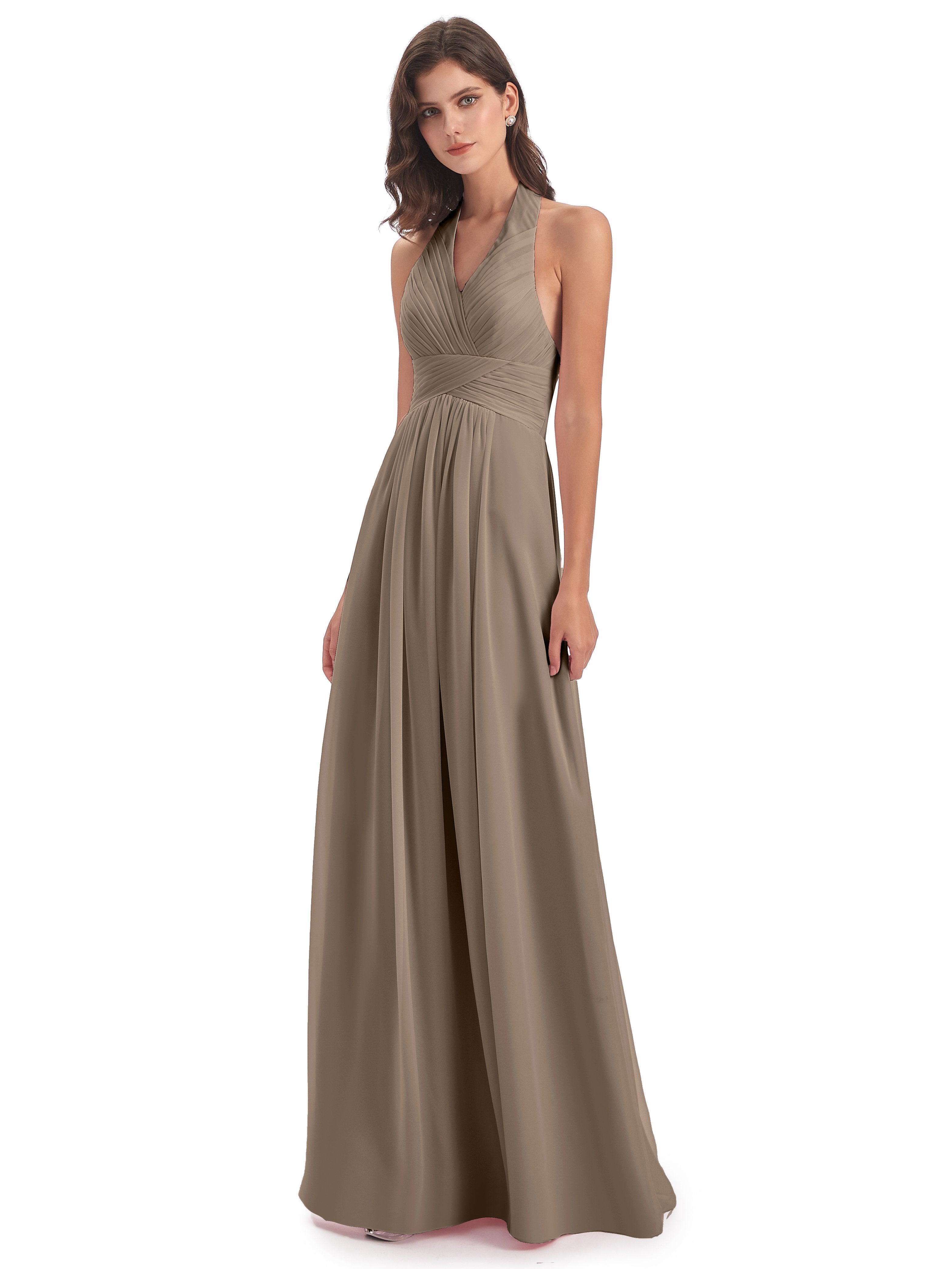 Camila A-line Halter Pleating Long Bridesmaid Dresses