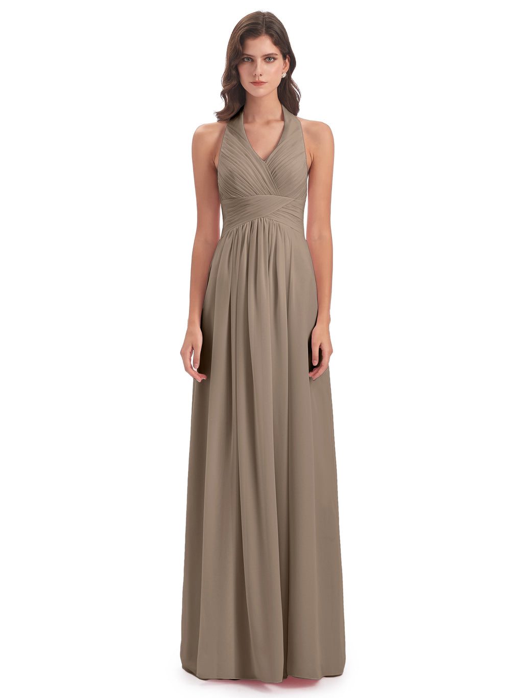 Camila A-line Halter Pleating Long Bridesmaid Dresses
