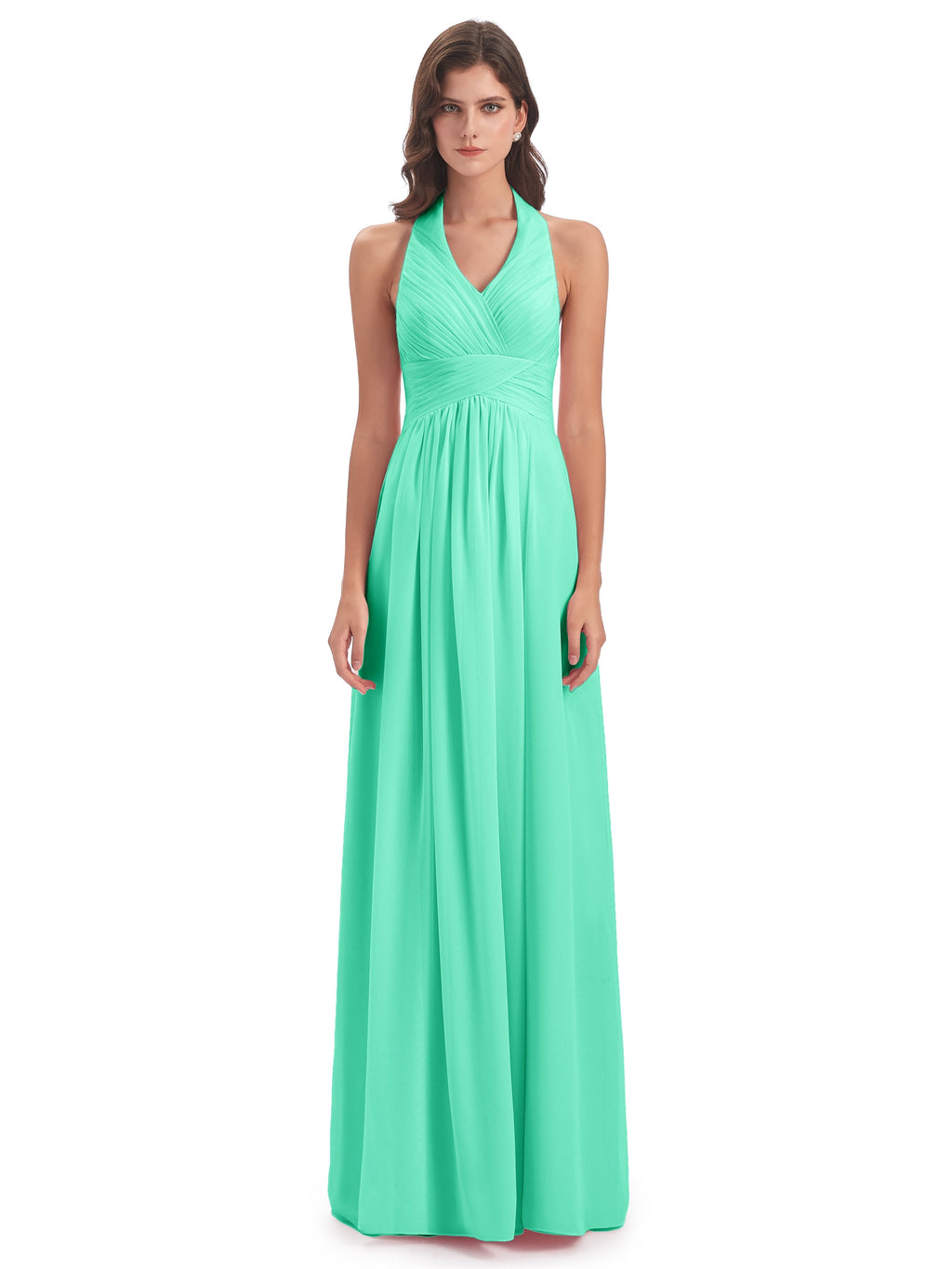 Camila A-line Halter Pleating Long Bridesmaid Dresses