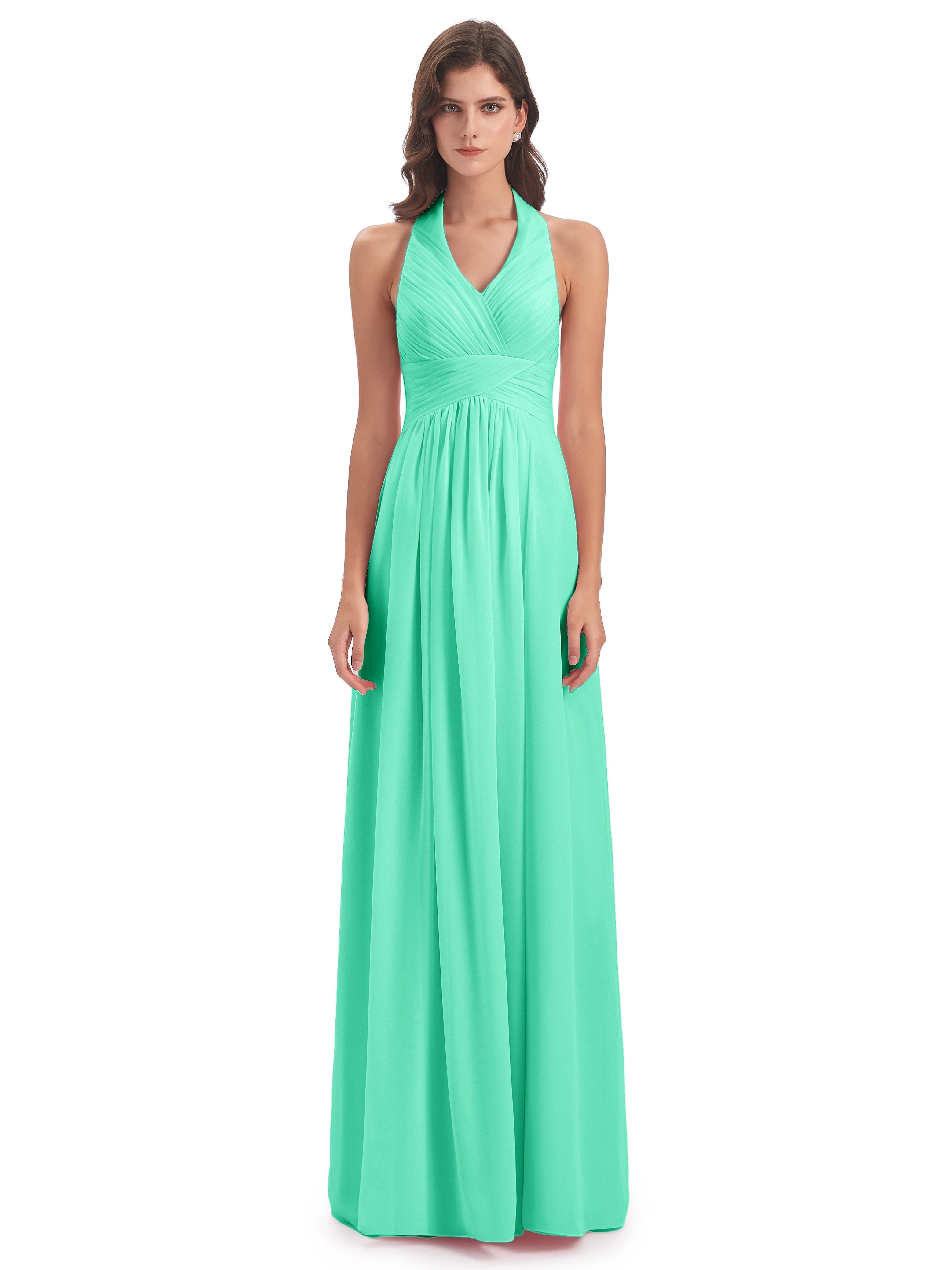 Camila A-line Halter Pleating Long Bridesmaid Dresses