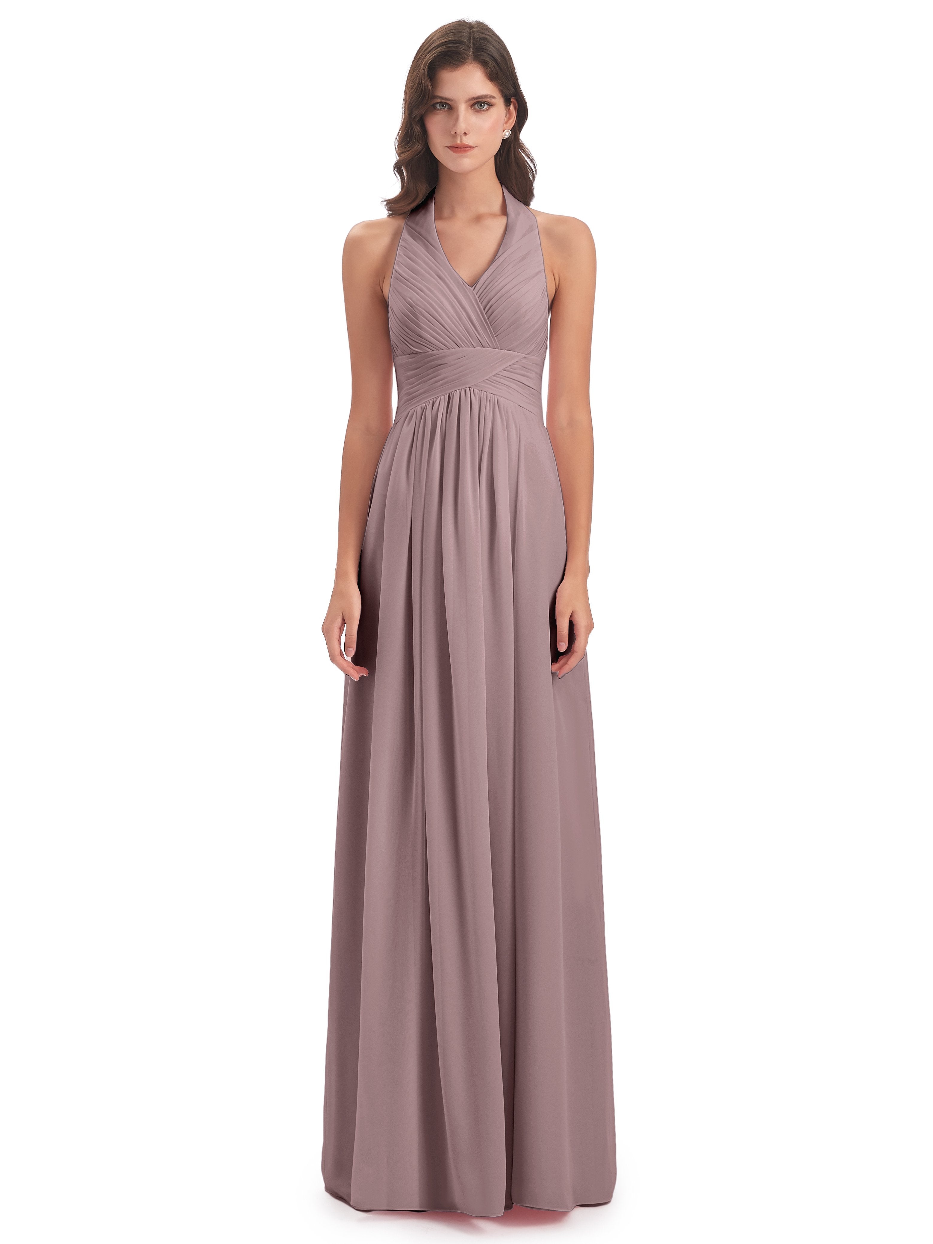 Camila A-line Halter Pleating Long Bridesmaid Dresses