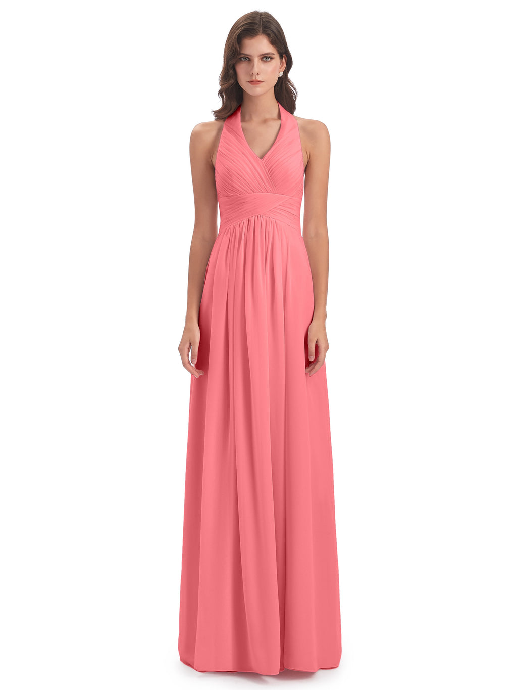 Camila A-line Halter Pleating Long Bridesmaid Dresses