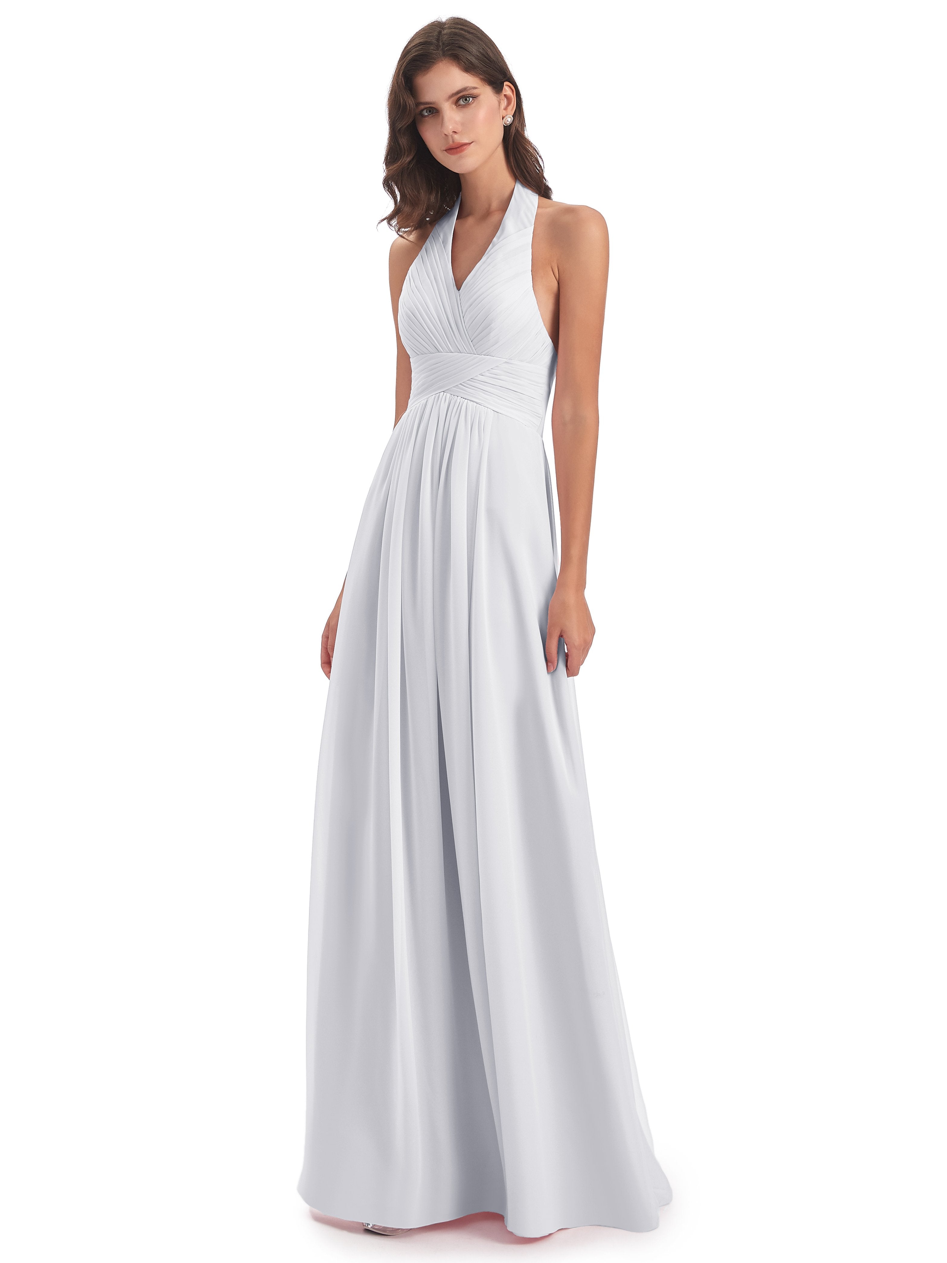 Camila A-line Halter Pleating Long Bridesmaid Dresses