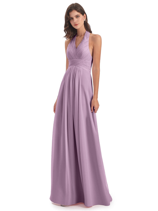 Camila A-line Halter Pleating Long Bridesmaid Dresses