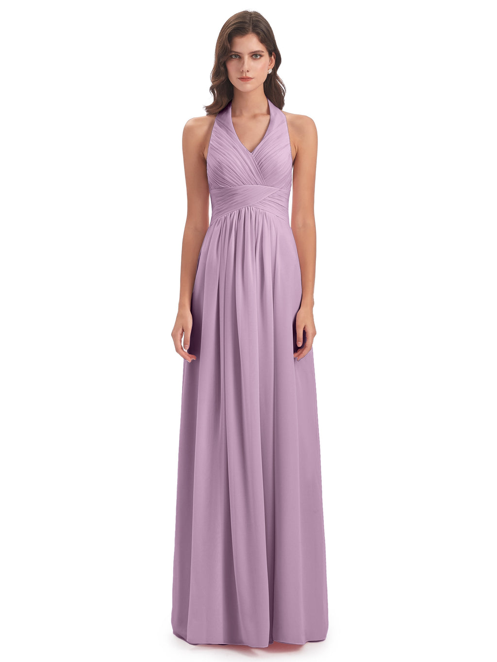 Camila A-line Halter Pleating Long Bridesmaid Dresses