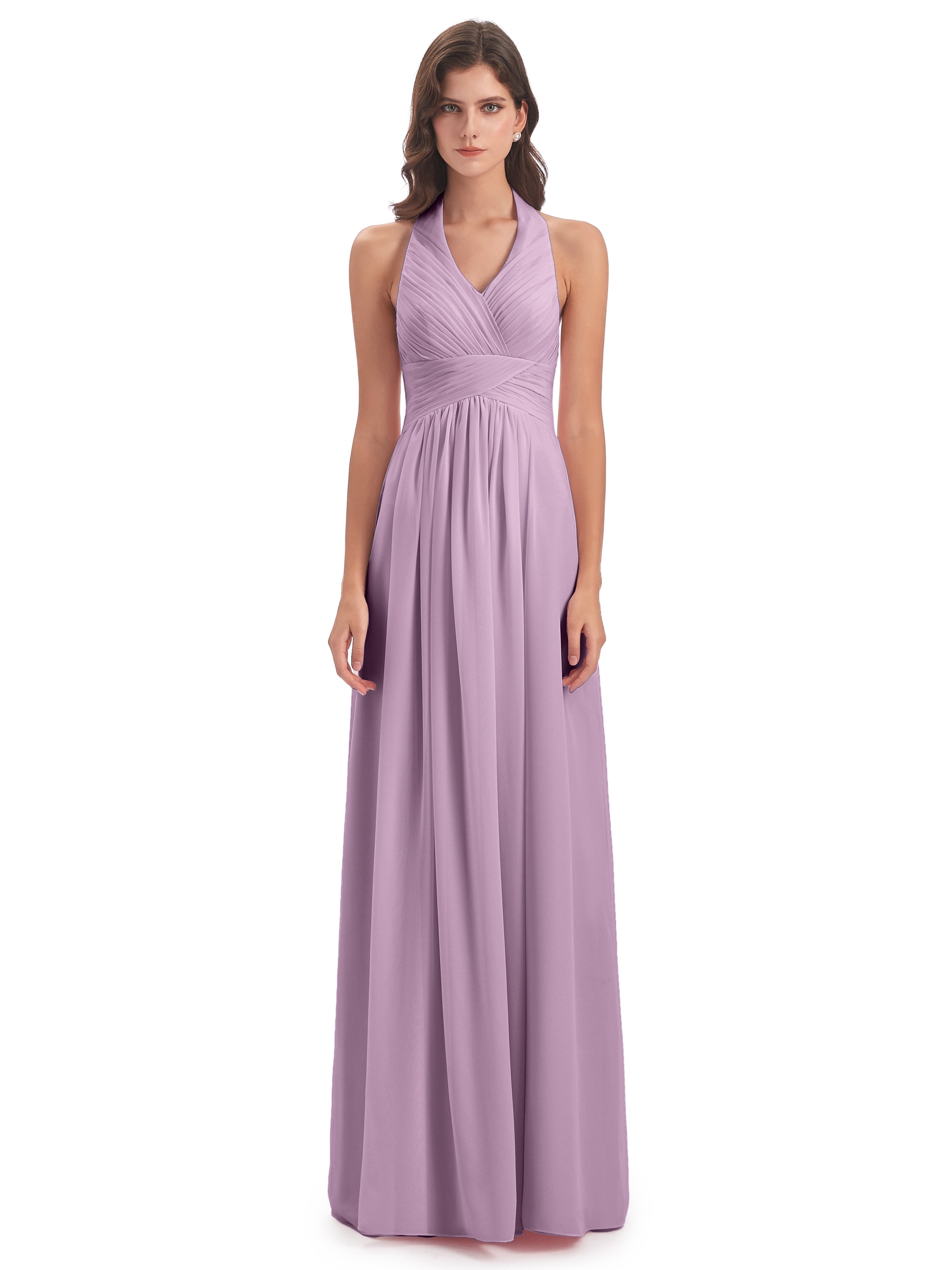 Camila A-line Halter Pleating Long Bridesmaid Dresses
