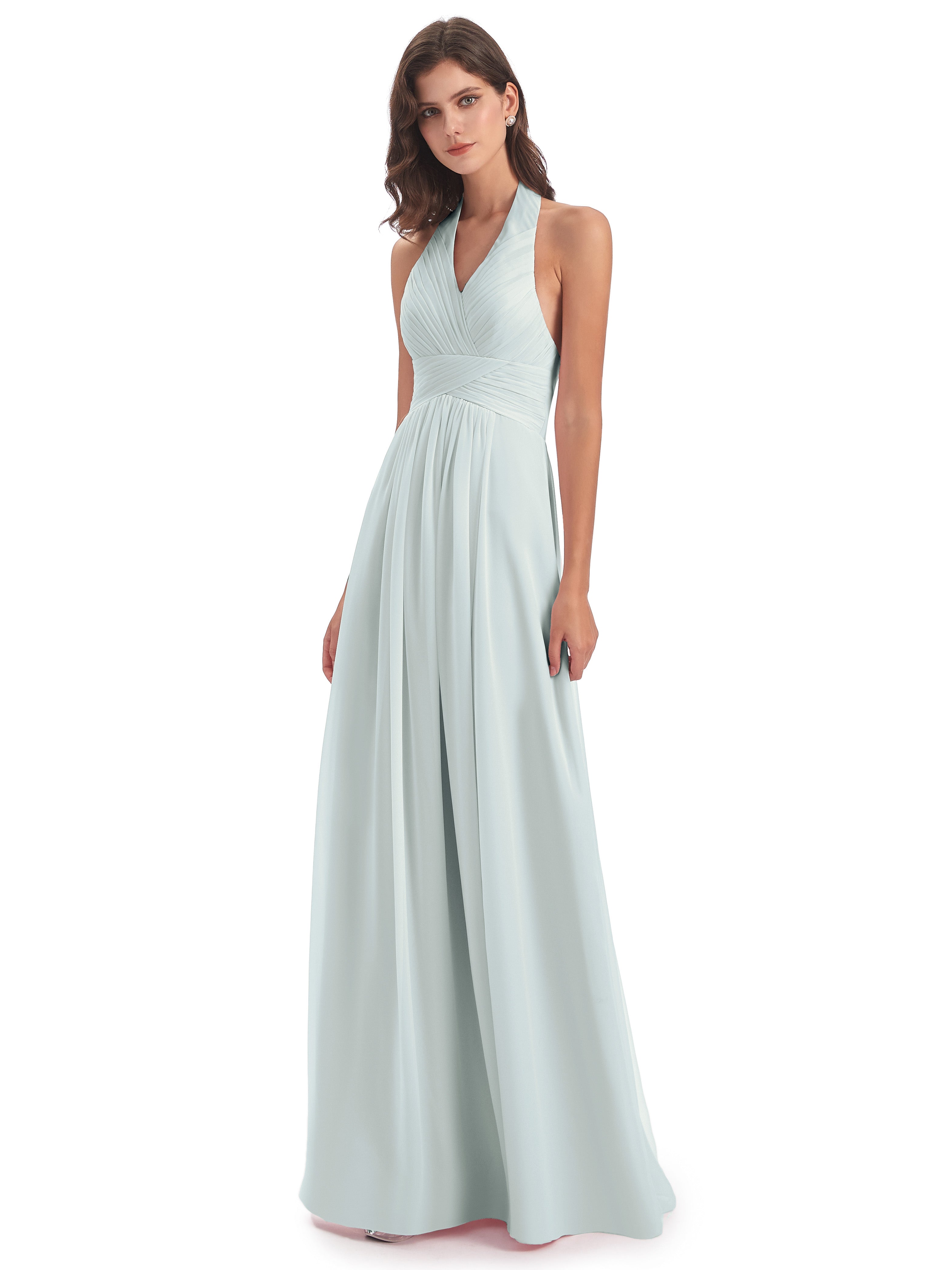 Camila A-line Halter Pleating Long Bridesmaid Dresses