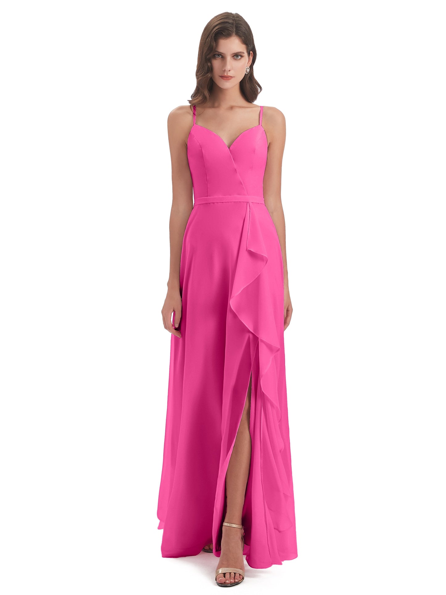 Delilah Sheath Spaghetti Straps Chiffon Long Bridesmaid Dresses