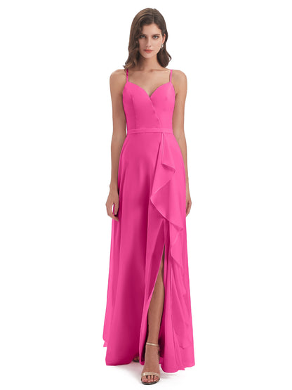 Delilah Sheath Spaghetti Straps Chiffon Long Bridesmaid Dresses