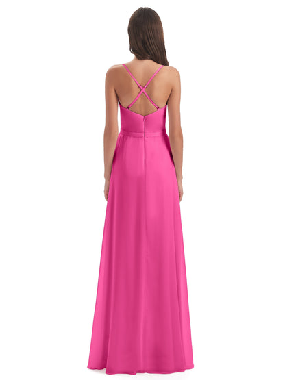 Delilah Sheath Spaghetti Straps Chiffon Long Bridesmaid Dresses