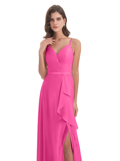 Delilah Sheath Spaghetti Straps Chiffon Long Bridesmaid Dresses