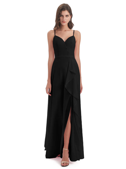 Delilah Sheath Spaghetti Straps Chiffon Long Bridesmaid Dresses