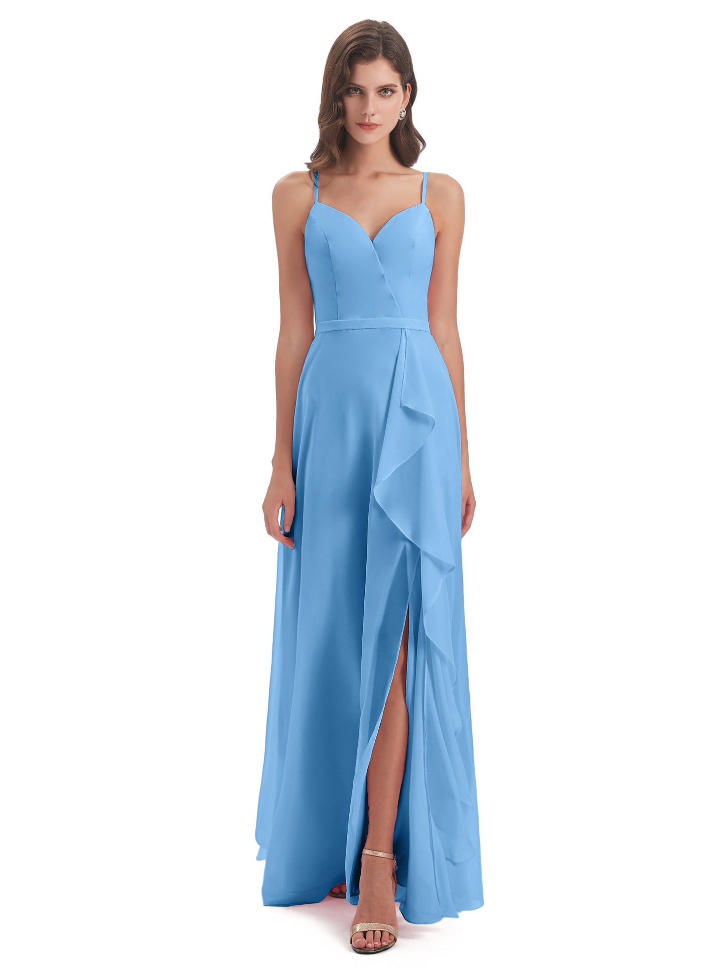 Delilah Sheath Spaghetti Straps Chiffon Long Bridesmaid Dresses