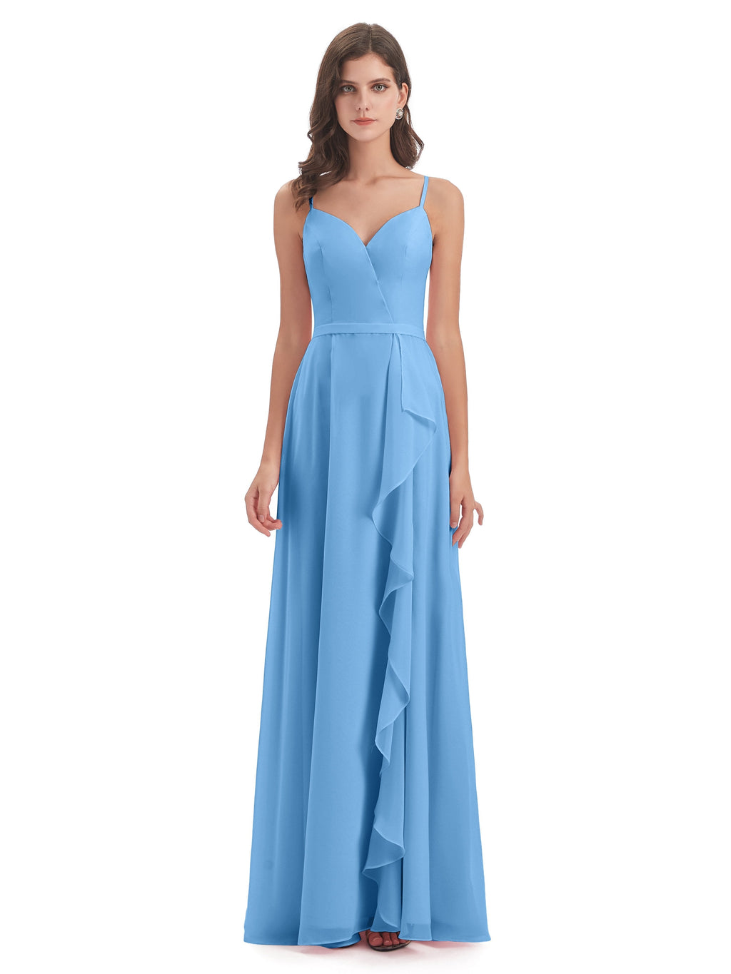 Delilah Sheath Spaghetti Straps Chiffon Long Bridesmaid Dresses