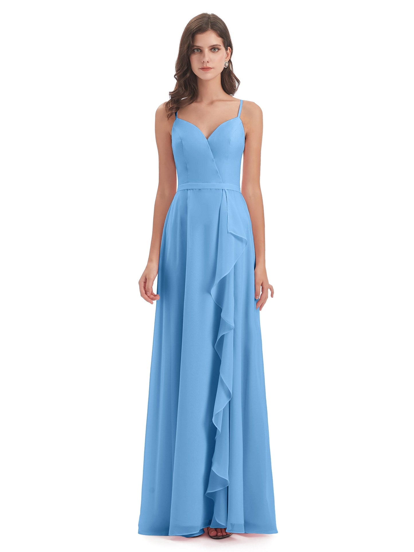 Delilah Sheath Spaghetti Straps Chiffon Long Bridesmaid Dresses