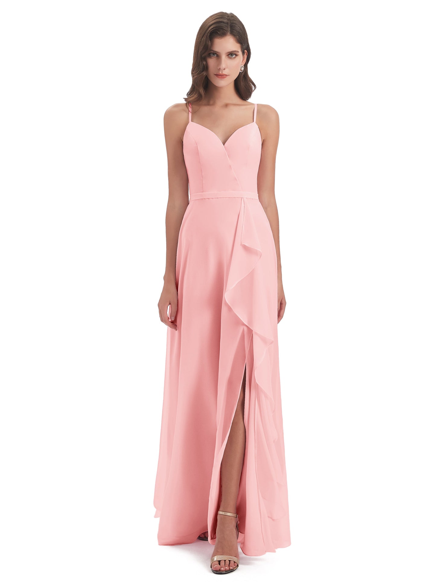 Delilah Sheath Spaghetti Straps Chiffon Long Bridesmaid Dresses