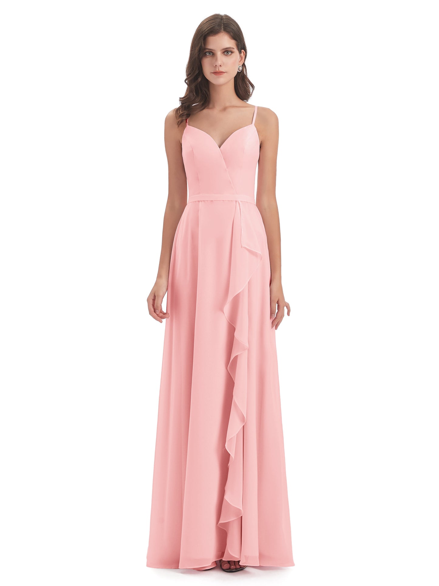 Delilah Sheath Spaghetti Straps Chiffon Long Bridesmaid Dresses