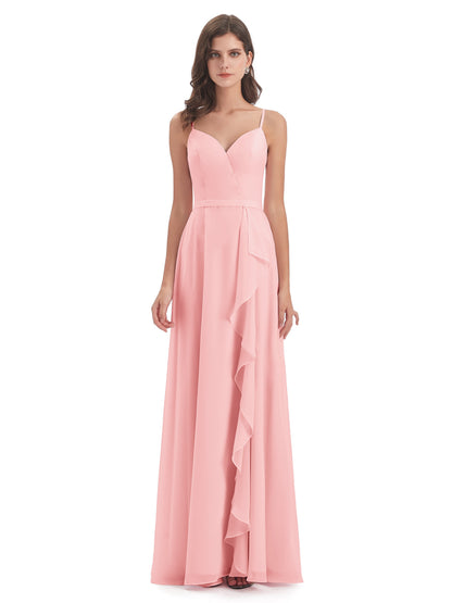Delilah Sheath Spaghetti Straps Chiffon Long Bridesmaid Dresses