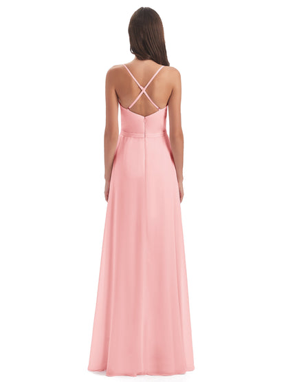Delilah Sheath Spaghetti Straps Chiffon Long Bridesmaid Dresses