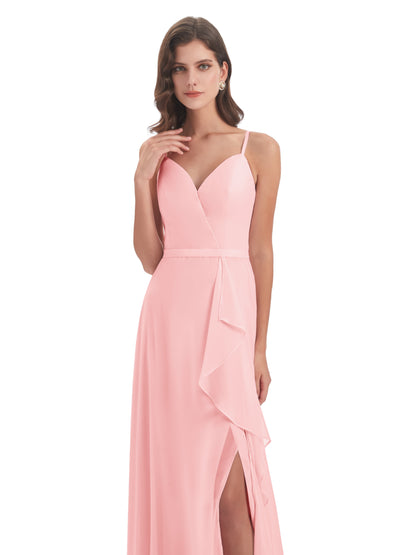 Delilah Sheath Spaghetti Straps Chiffon Long Bridesmaid Dresses
