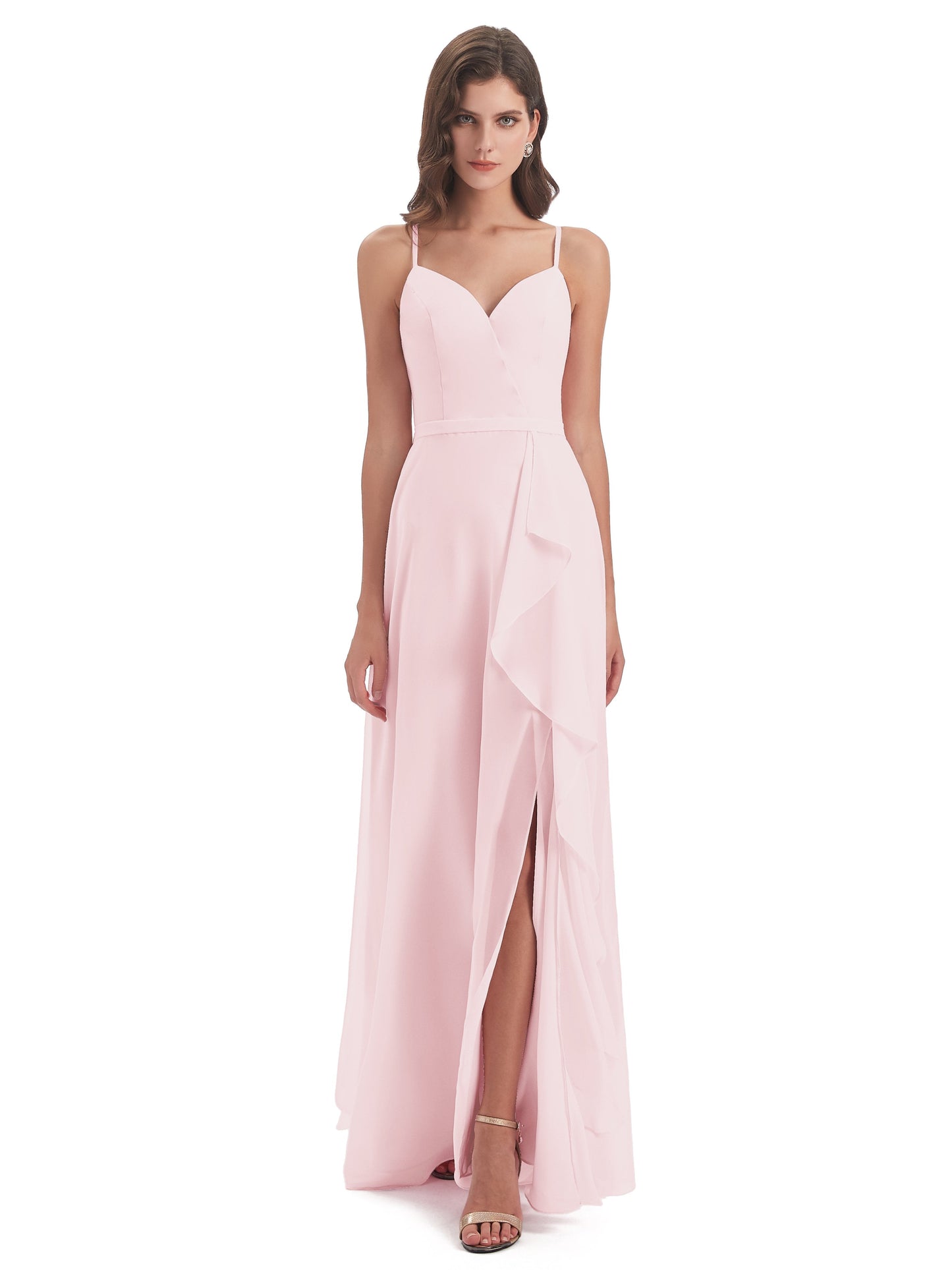 Delilah Sheath Spaghetti Straps Chiffon Long Bridesmaid Dresses
