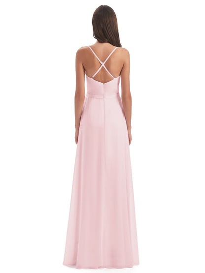 Delilah Sheath Spaghetti Straps Chiffon Long Bridesmaid Dresses