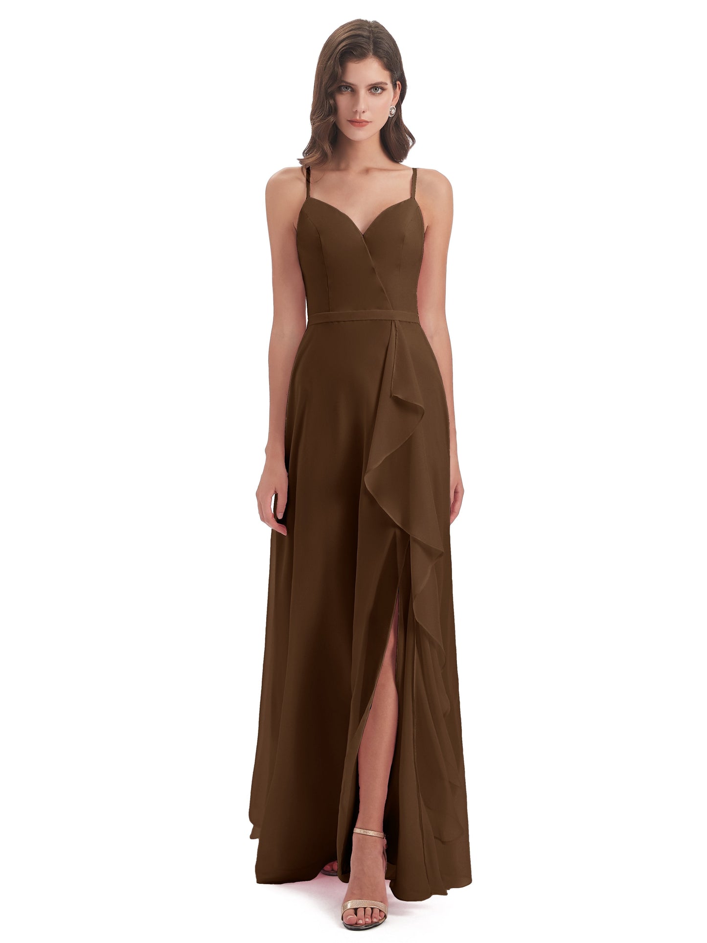 Delilah Sheath Spaghetti Straps Chiffon Long Bridesmaid Dresses