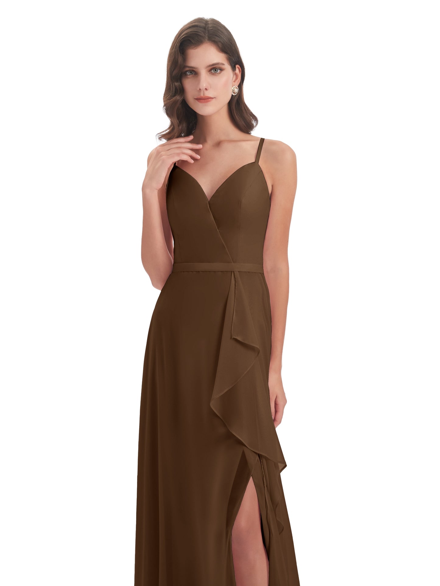 Delilah Sheath Spaghetti Straps Chiffon Long Bridesmaid Dresses