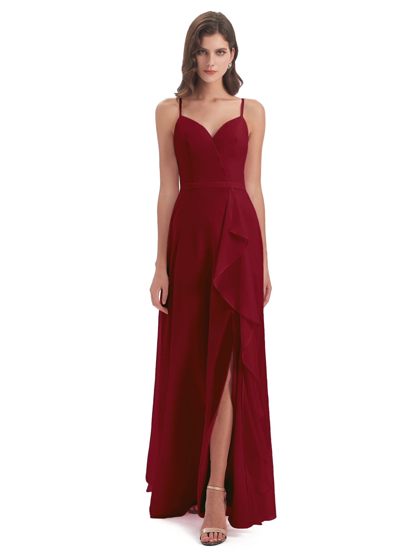 Delilah Sheath Spaghetti Straps Chiffon Long Bridesmaid Dresses