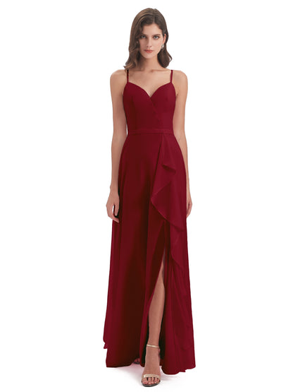 Delilah Sheath Spaghetti Straps Chiffon Long Bridesmaid Dresses