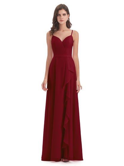 Delilah Sheath Spaghetti Straps Chiffon Long Bridesmaid Dresses