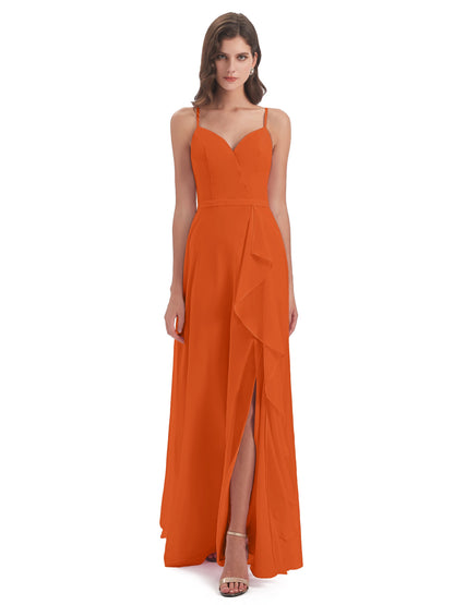 Delilah Sheath Spaghetti Straps Chiffon Long Bridesmaid Dresses