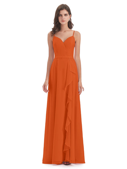 Delilah Sheath Spaghetti Straps Chiffon Long Bridesmaid Dresses