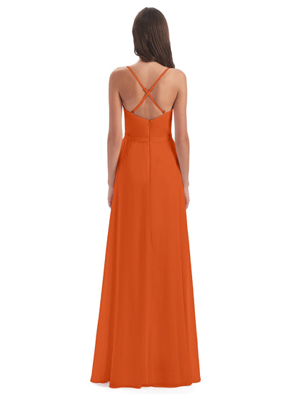 Delilah Sheath Spaghetti Straps Chiffon Long Bridesmaid Dresses