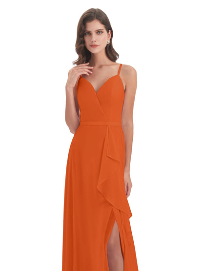 Delilah Sheath Spaghetti Straps Chiffon Long Bridesmaid Dresses