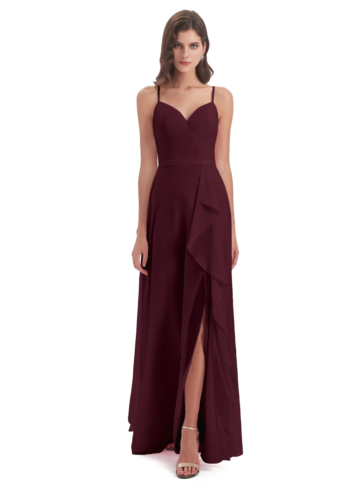 Delilah Sheath Spaghetti Straps Chiffon Long Bridesmaid Dresses