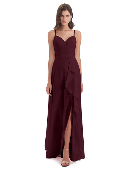 Delilah Sheath Spaghetti Straps Chiffon Long Bridesmaid Dresses