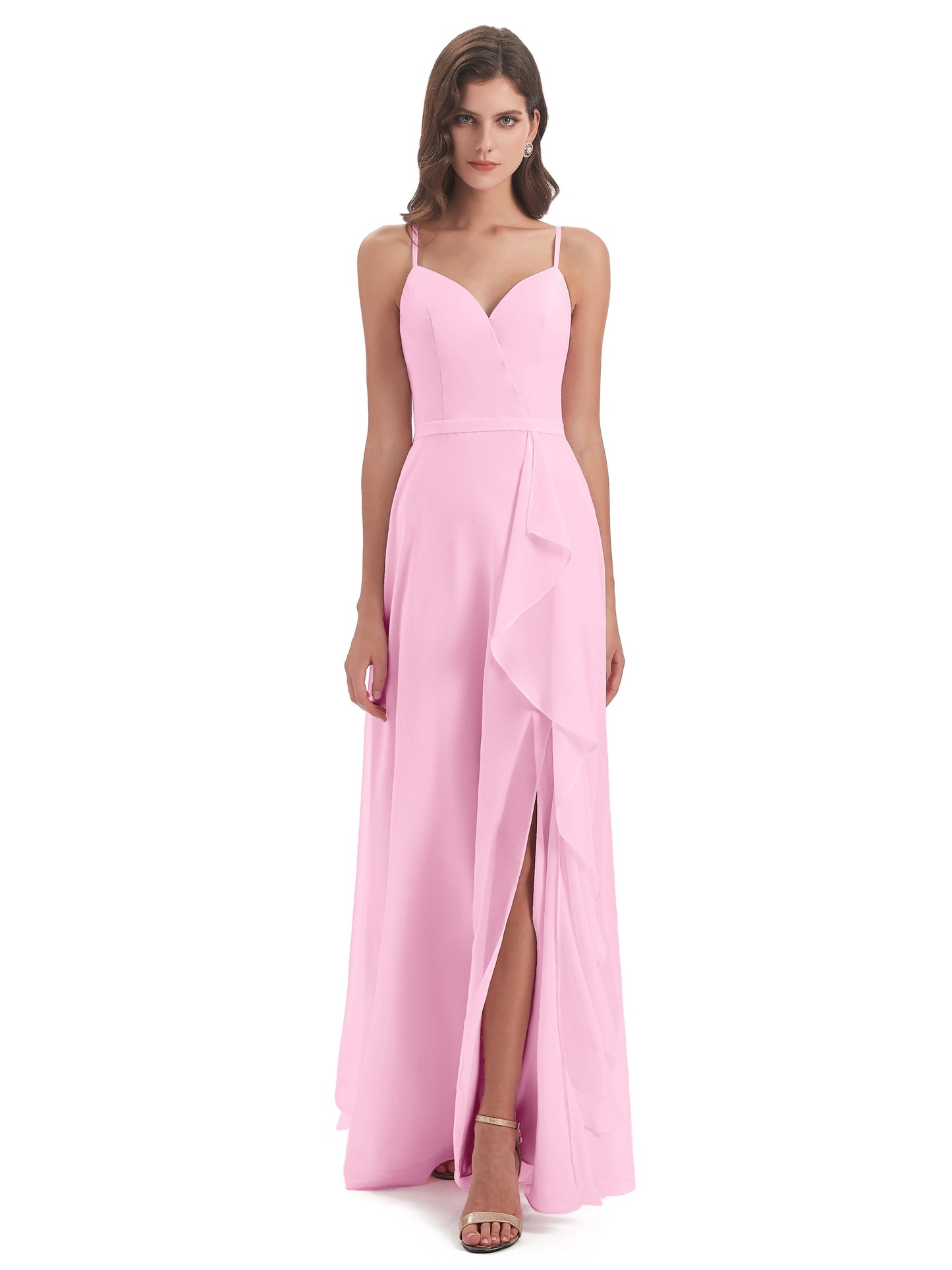 Delilah Sheath Spaghetti Straps Chiffon Long Bridesmaid Dresses