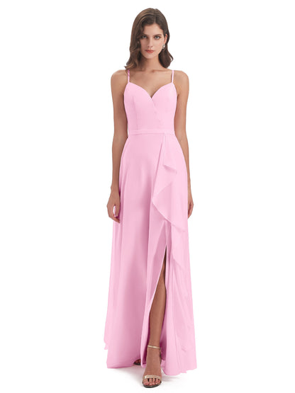 Delilah Sheath Spaghetti Straps Chiffon Long Bridesmaid Dresses