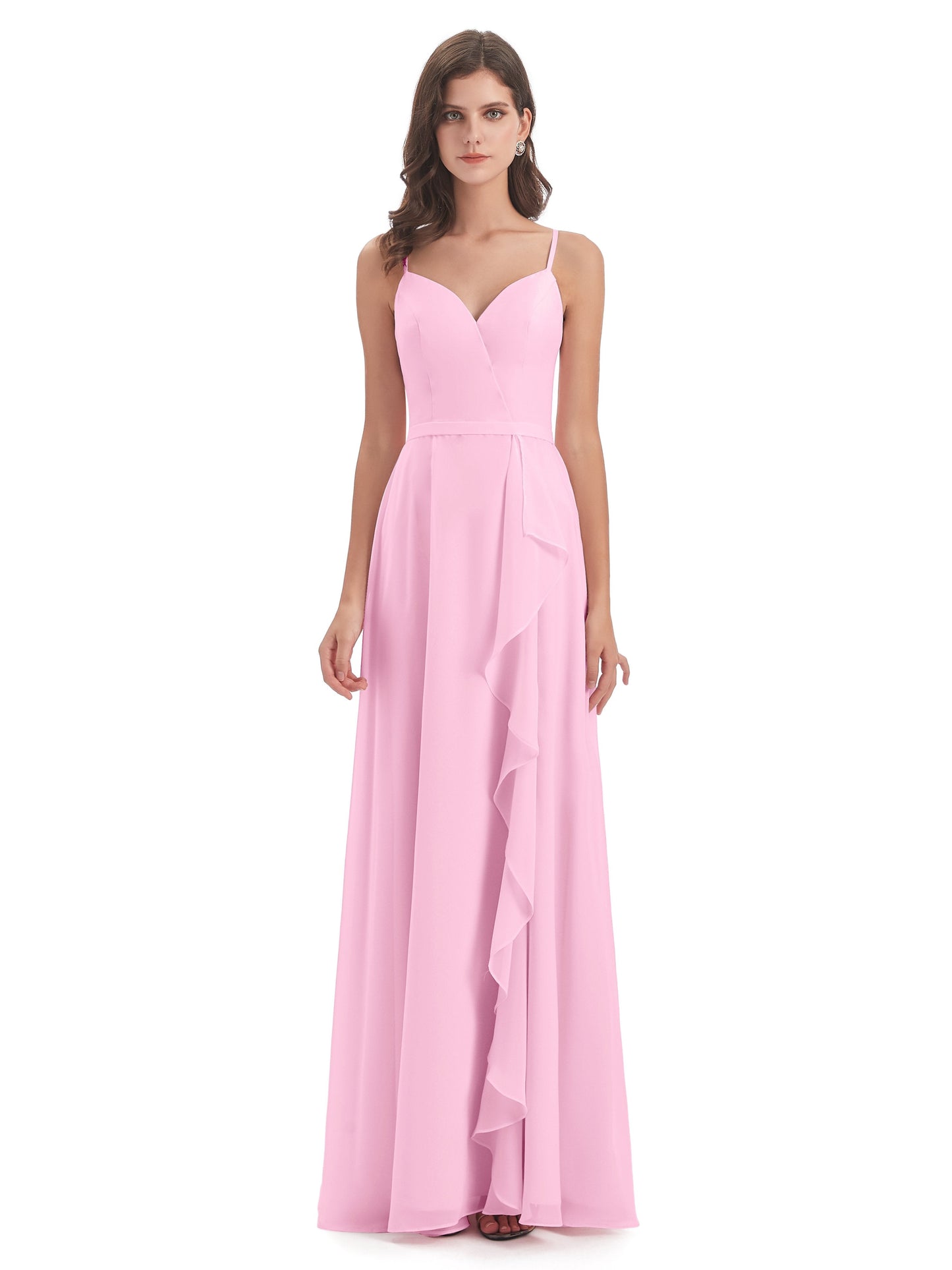 Delilah Sheath Spaghetti Straps Chiffon Long Bridesmaid Dresses