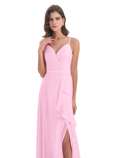 Delilah Sheath Spaghetti Straps Chiffon Long Bridesmaid Dresses