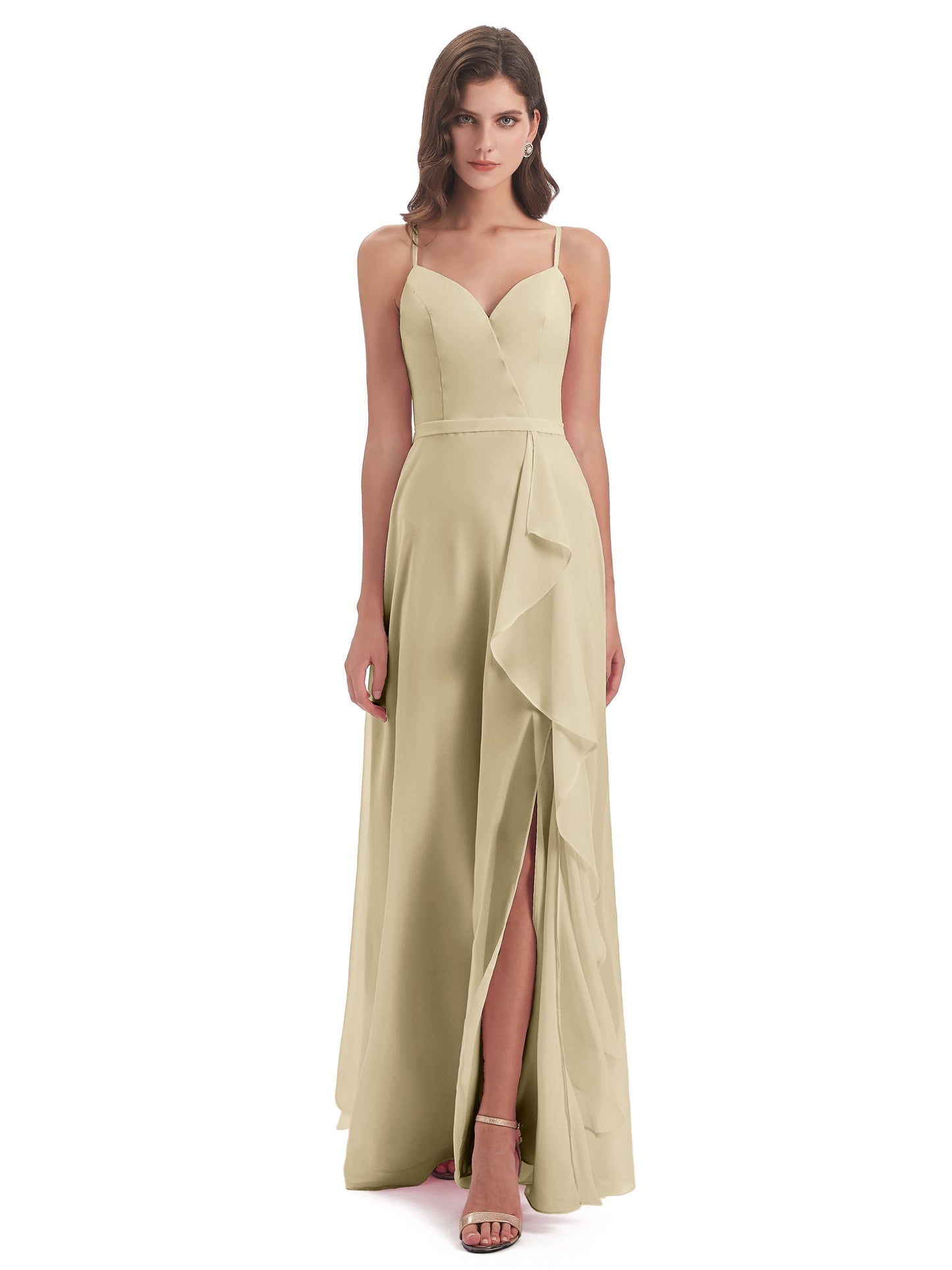 Delilah Sheath Spaghetti Straps Chiffon Long Bridesmaid Dresses