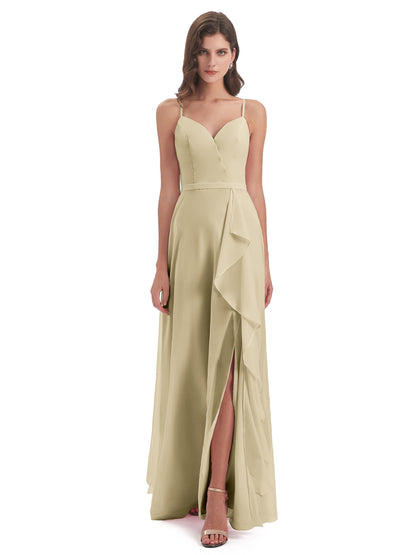 Delilah Sheath Spaghetti Straps Chiffon Long Bridesmaid Dresses