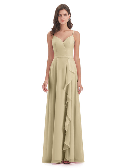Delilah Sheath Spaghetti Straps Chiffon Long Bridesmaid Dresses