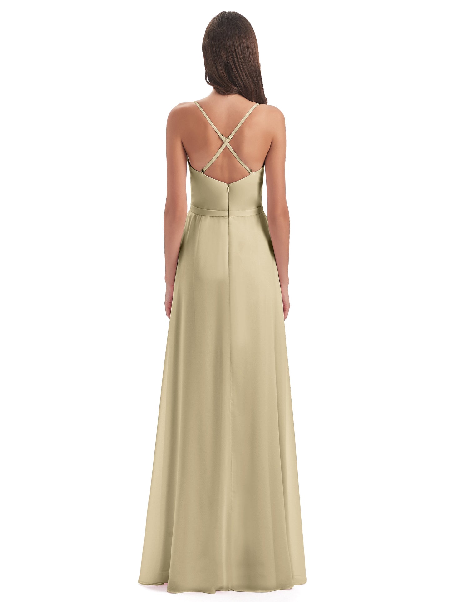 Delilah Sheath Spaghetti Straps Chiffon Long Bridesmaid Dresses