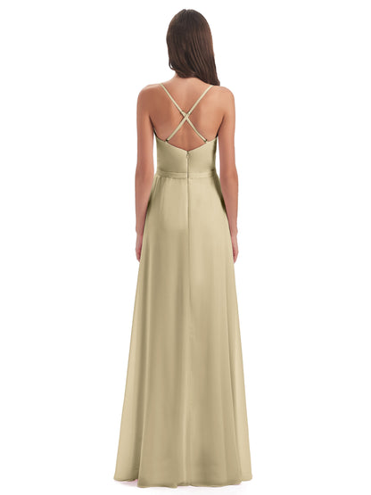 Delilah Sheath Spaghetti Straps Chiffon Long Bridesmaid Dresses