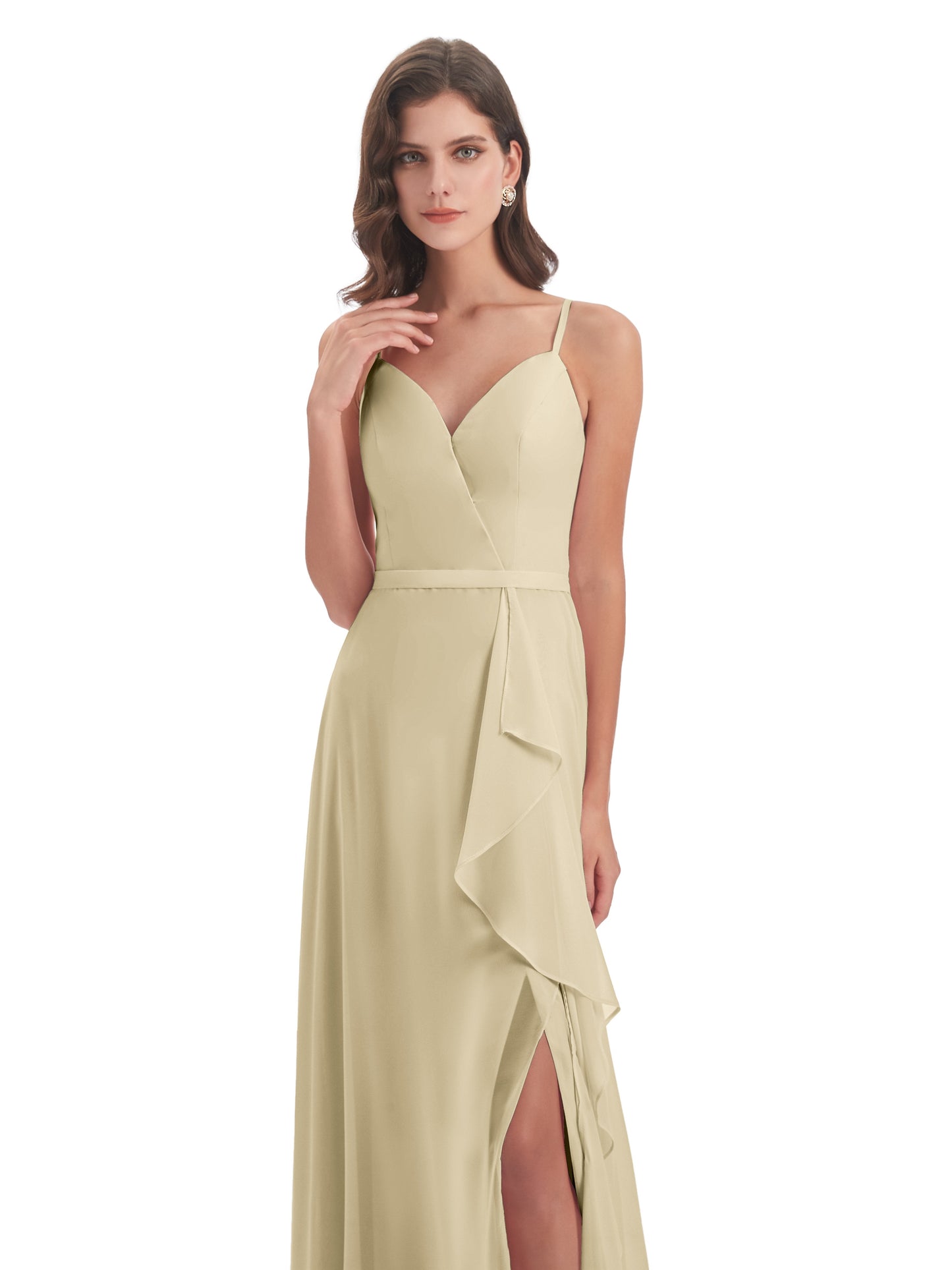 Delilah Sheath Spaghetti Straps Chiffon Long Bridesmaid Dresses