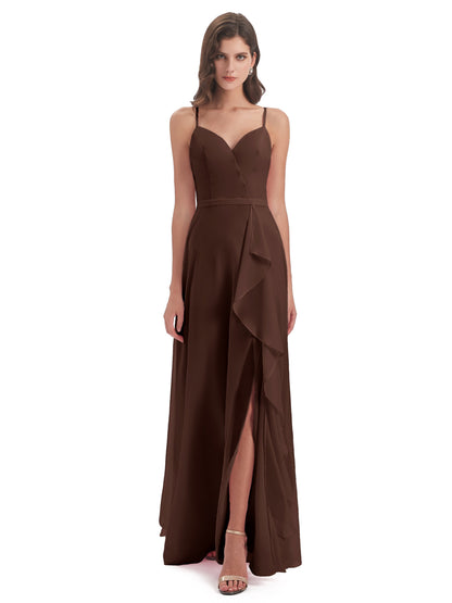 Delilah Sheath Spaghetti Straps Chiffon Long Bridesmaid Dresses