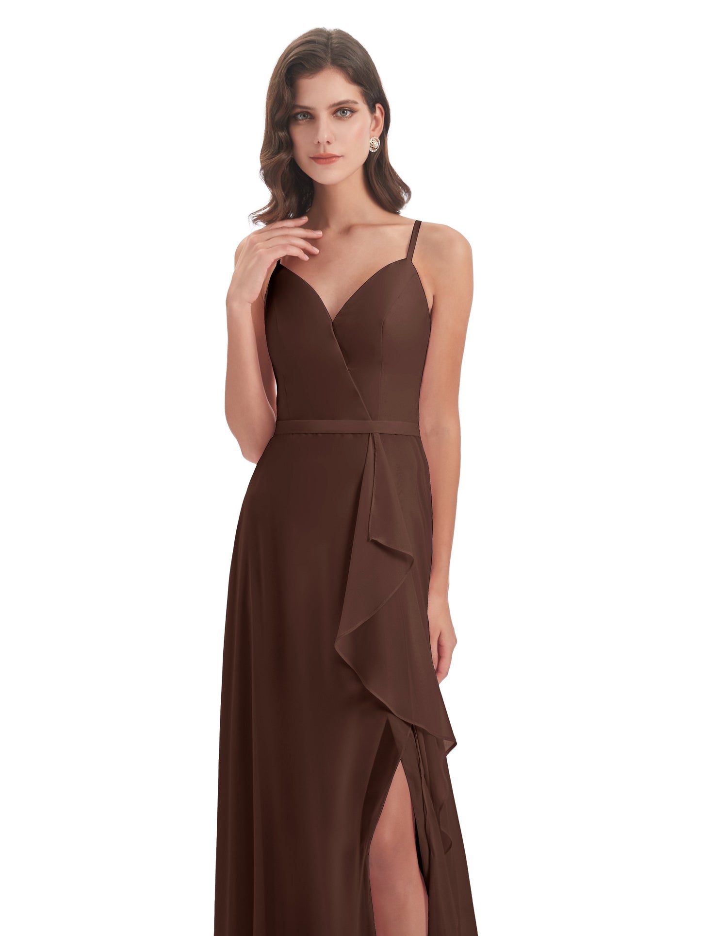 Delilah Sheath Spaghetti Straps Chiffon Long Bridesmaid Dresses